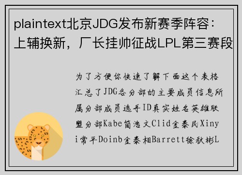 plaintext北京JDG发布新赛季阵容：上辅换新，厂长挂帅征战LPL第三赛段[citation-5]